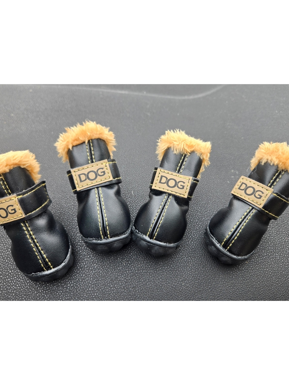 DOG Black Faux Leather Boots with Tan Fur Trim - Label